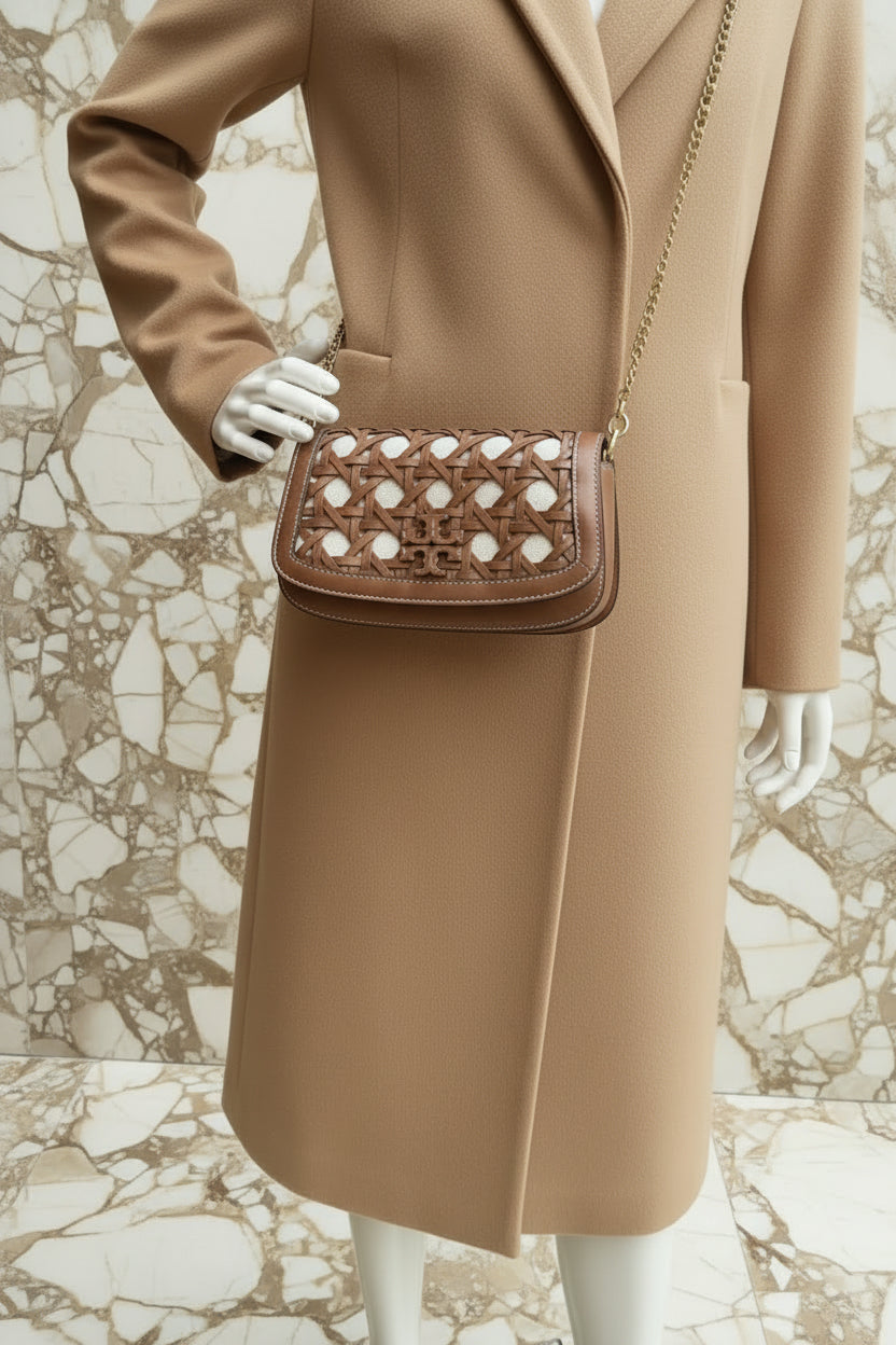 TORY BURCH BRITTEN  BASKET WEAVE CONVERTIBLE CRISSBODY/SHOULDER BAG - MOOSE COLOR