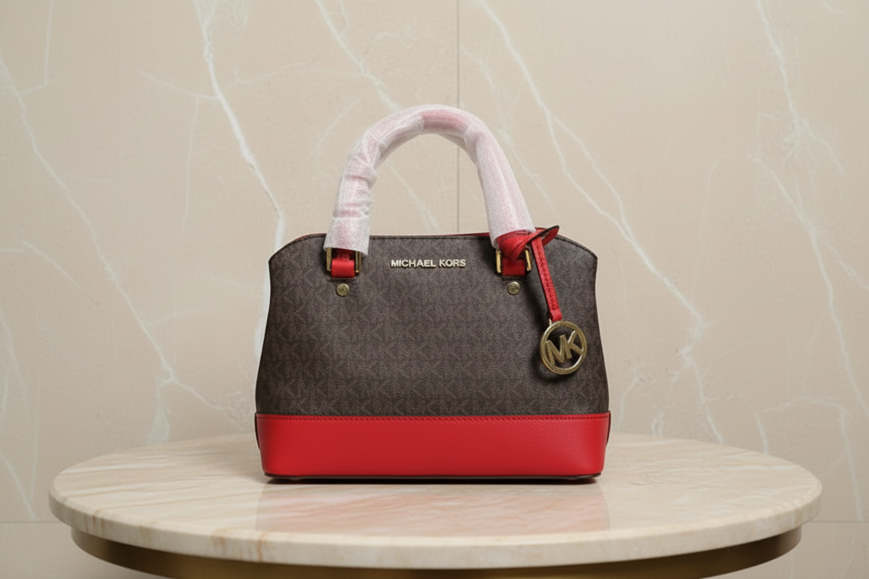 MICHAEL KORS SAVANNAH LARGE SATCHEL IN SIGNATURE BROWN/RED - SCARLET