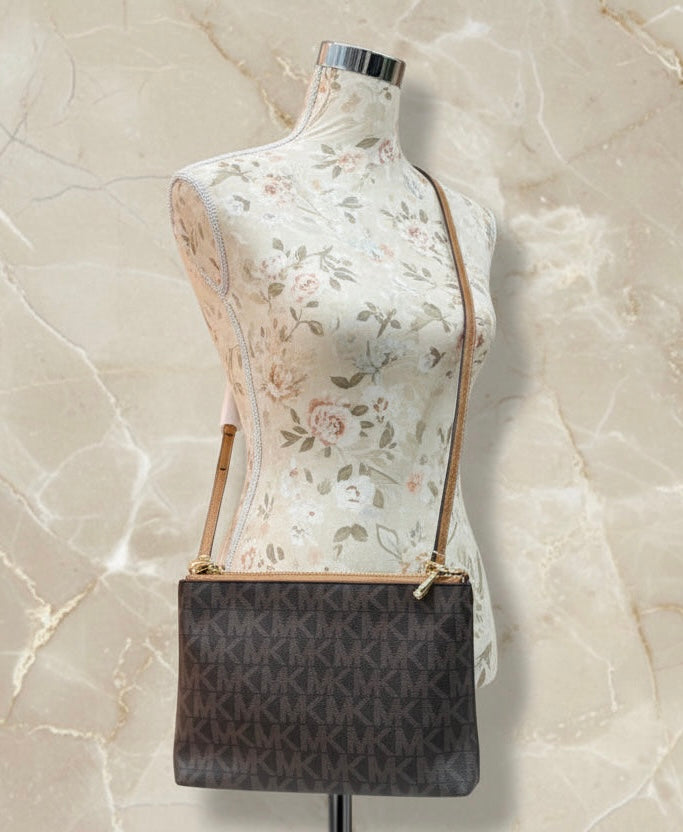 MICHAEL KORS DOUBLE ZIP GUSSET CROSSBODY - MONOBROWN/BROWN