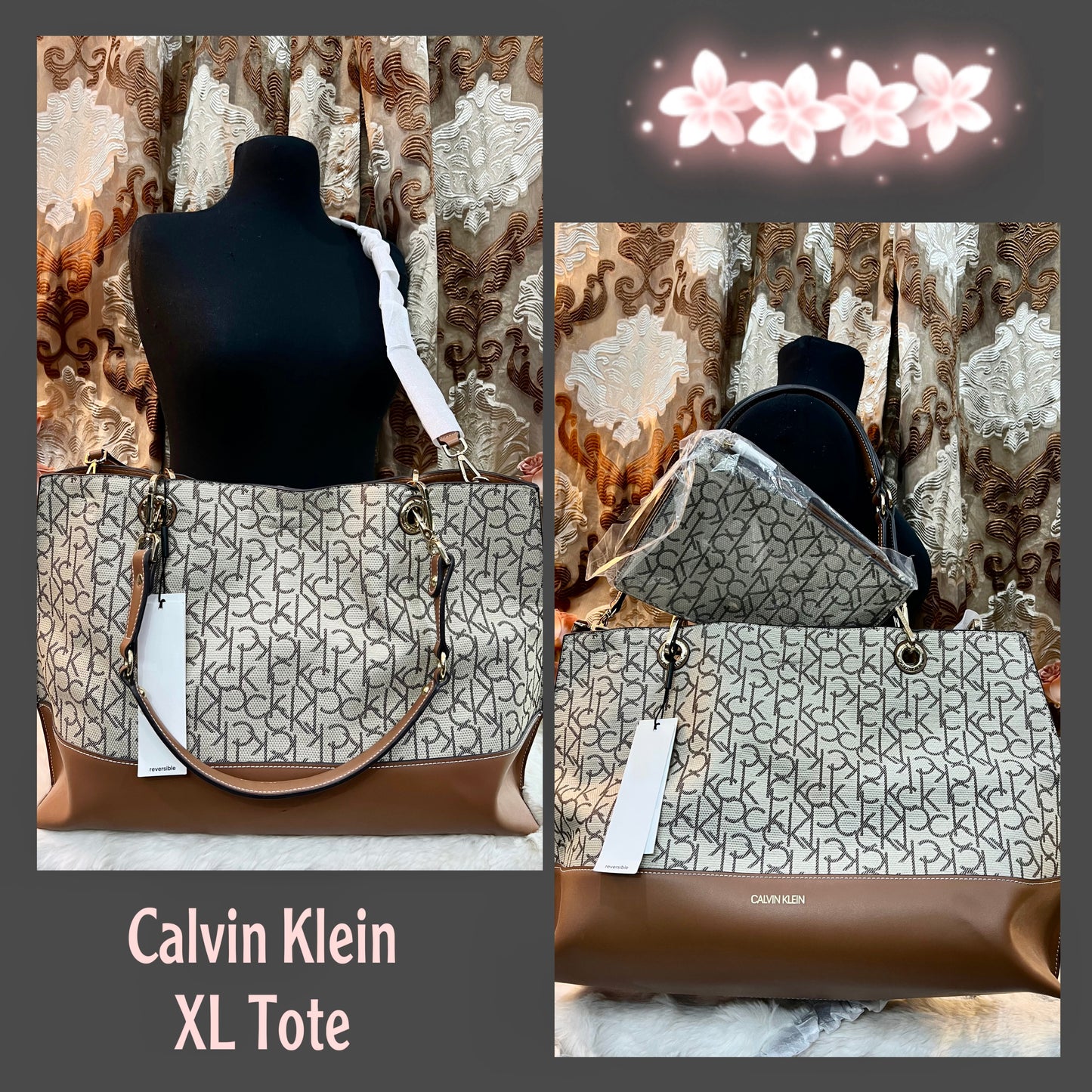CALVIN KLEIN TOTE IN SIGNATURE LOGO BEIGE/BROWN- XL OPEN WITH LARGE ZIP POUCH & LONG STRAP