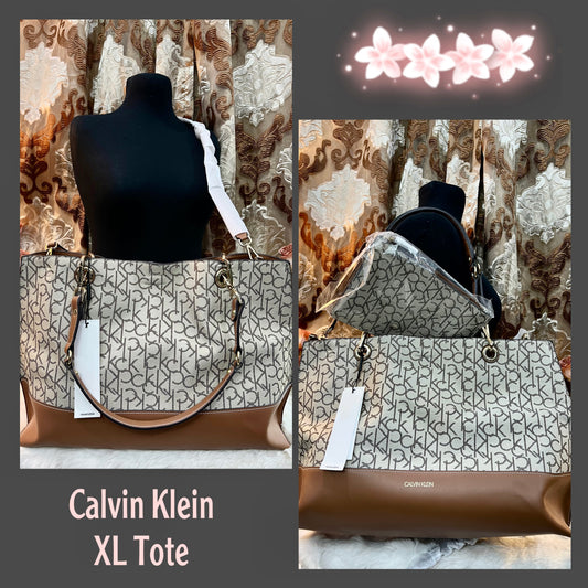 CALVIN KLEIN TOTE IN SIGNATURE LOGO BEIGE/BROWN- XL OPEN WITH LARGE ZIP POUCH & LONG STRAP