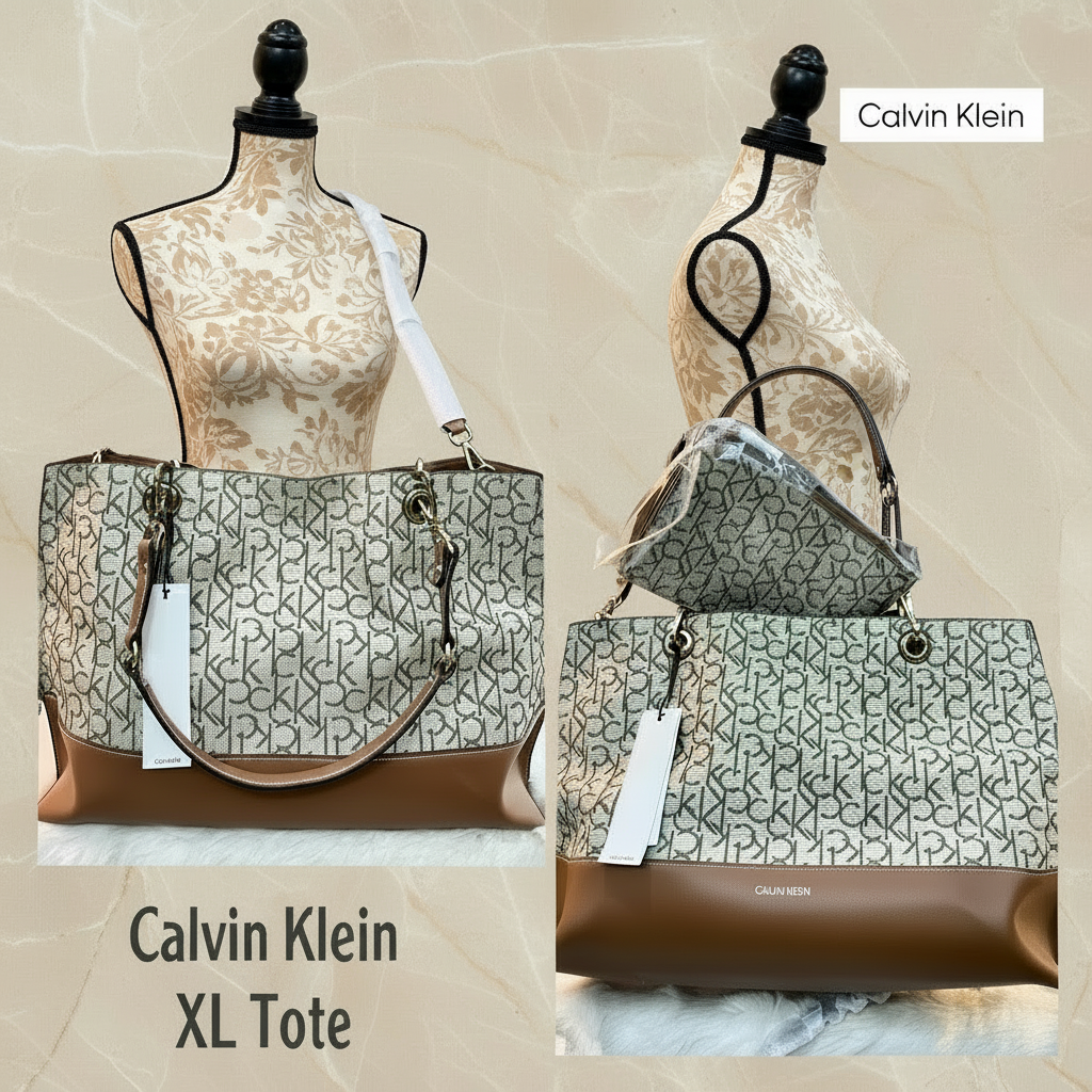 CALVIN KLEIN TOTE IN SIGNATURE LOGO BEIGE/BROWN- XL OPEN WITH LARGE ZIP POUCH & LONG STRAP