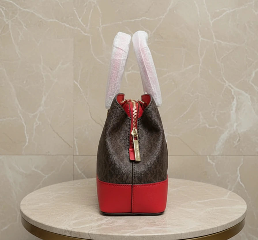 MICHAEL KORS SAVANNAH LARGE SATCHEL IN SIGNATURE BROWN/RED - SCARLET