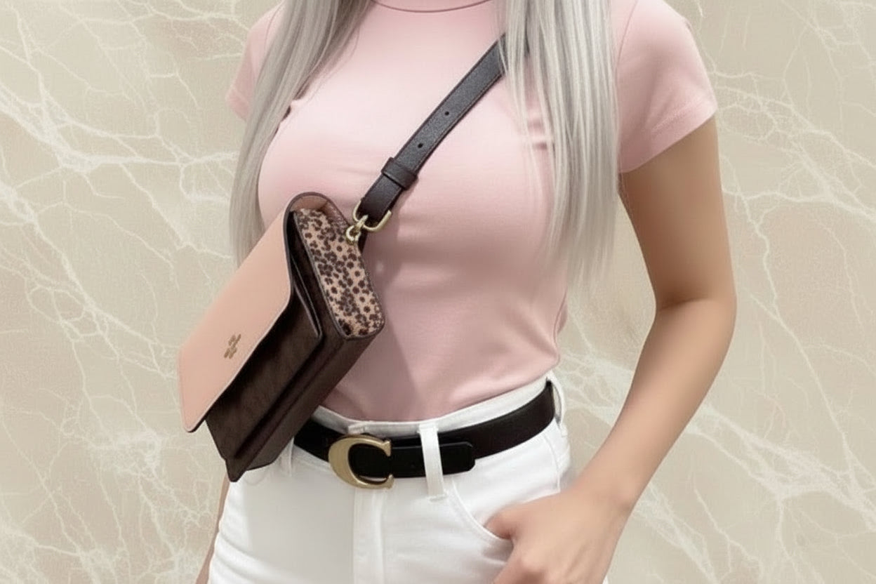 حقيبة كوتش قابلة للطي 3 في 1، حقيبة خصر/حقيبة كروس/حقيبة بودي - لون وردي فاتح، بنقشة جلد الثعبان المميزة