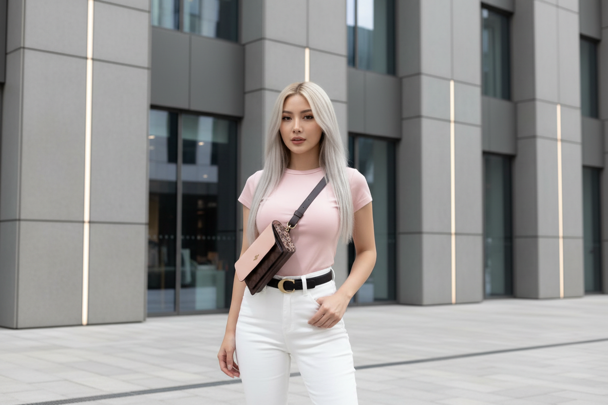 حقيبة كوتش قابلة للطي 3 في 1، حقيبة خصر/حقيبة كروس/حقيبة بودي - لون وردي فاتح، بنقشة جلد الثعبان المميزة