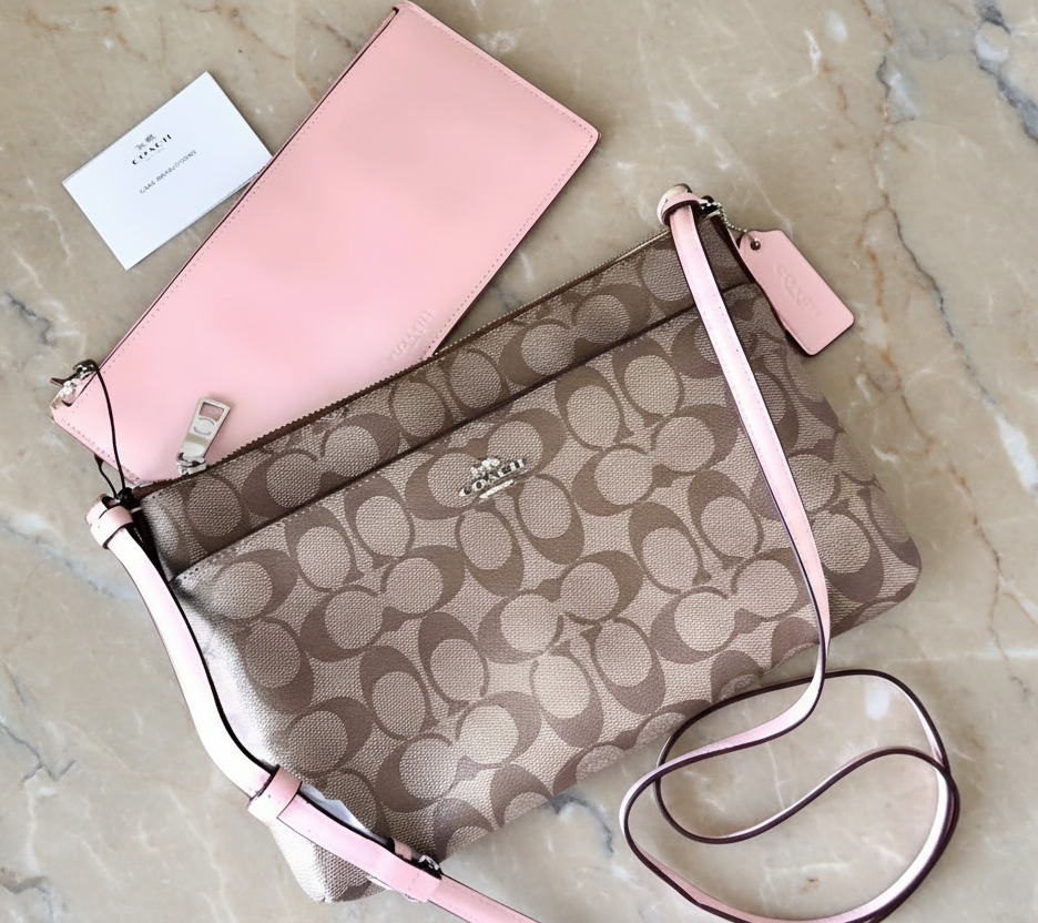 SALE‼️ COACH EAST WEST CROSSBODY WITH POP-UP POUCH KHAKI-PINK - WITH FLAWS/PEELED OFF/SCALED FROM THE CREED INSIDE, SEE PHOTO
