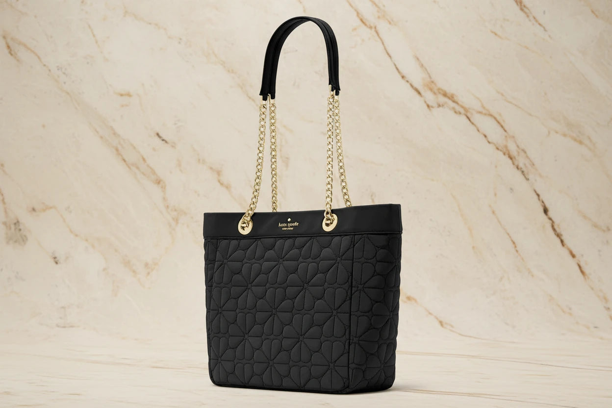 حقيبة كيت سبيد المبطنة والمزينة بالزهور - متوسطة الحجم - سوداء