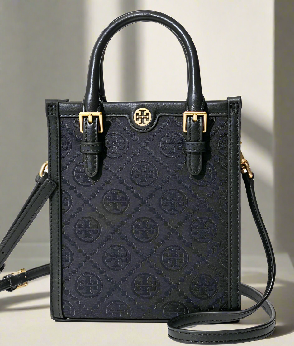 TORY BURCH MINI JACQUARD T MONOGRAM TOTE BLACK