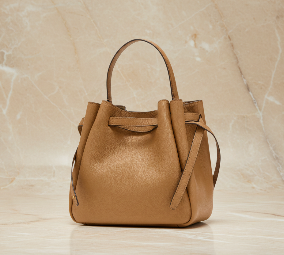 SALE!!! WITH CREASE IN FRONT DUE TO CARGO HANDLING - TORY BURCH SMALL ROMY BUCKET - BROWN