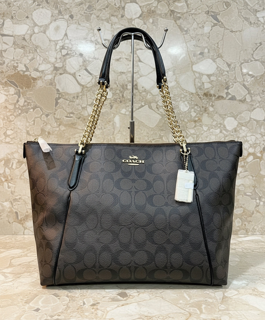 COACH AVA LARGE ZIP TOP TOTE IN SIGNATURE BLACK BROWN