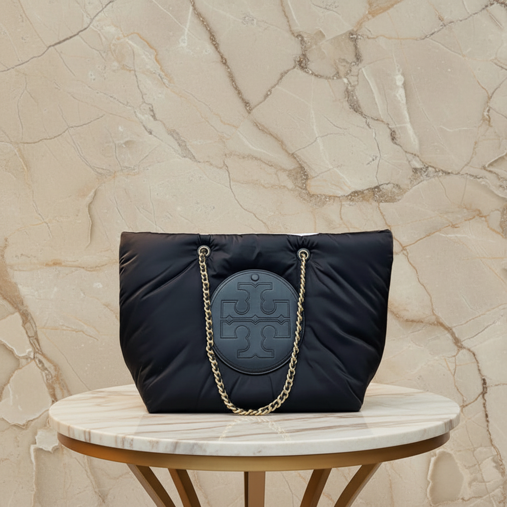 TORY BURCH ELLA PUPPY MAGNETIC CLOSURE CHAIN TOTE - BLACK