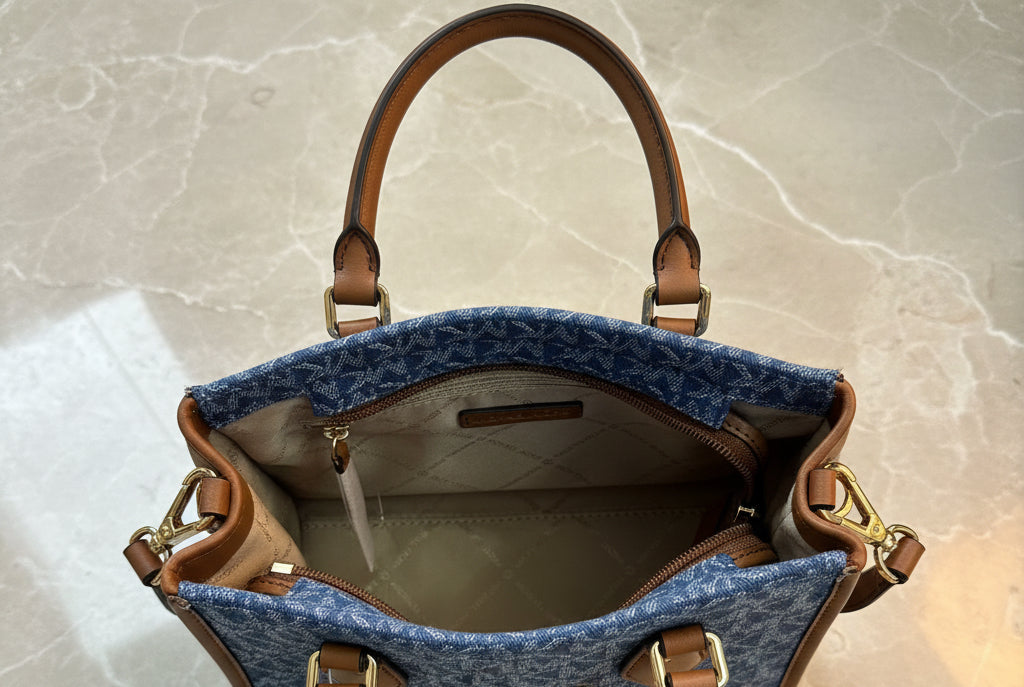 MICHAEL KORS MIRELLA SMALL SHOPPER TOP ZIP CROSSBODY BAG - DENIM MULTI LOGO