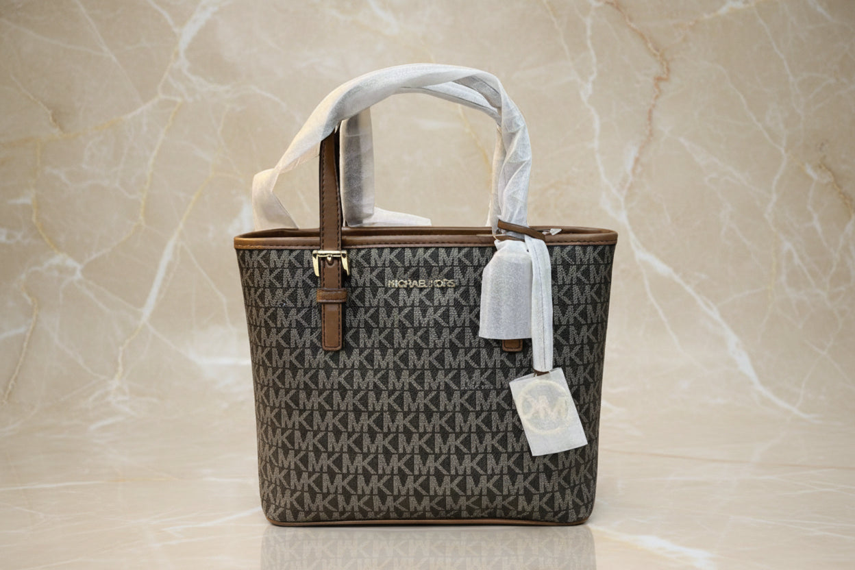 MICHAEL KORS XS JET SET CARRYALL TRAVEL ZIP TOTE - BLACK - BROWN MULTI WITH A TOUCH OF METTALIC GOLD