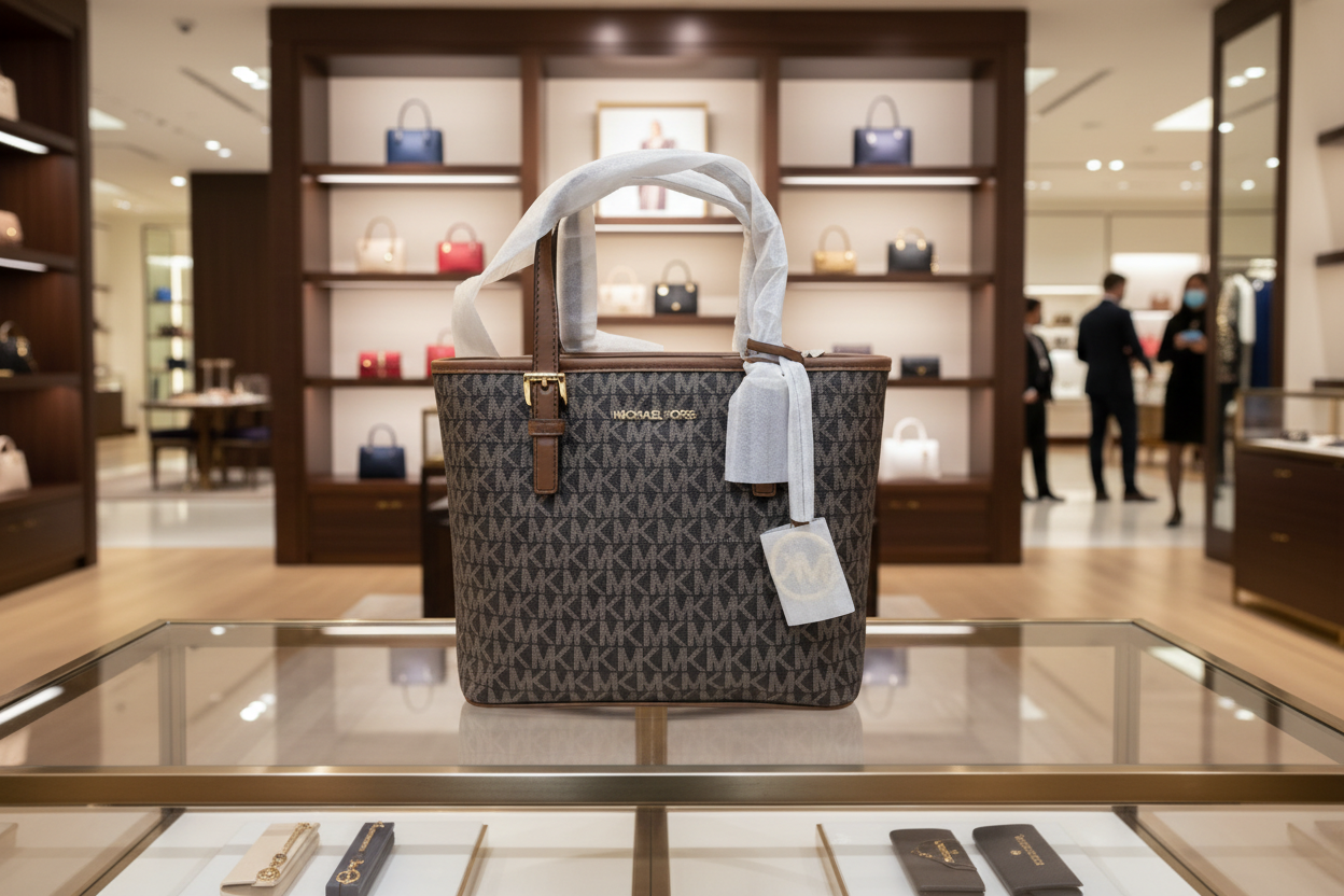 MICHAEL KORS XS JET SET CARRYALL TRAVEL ZIP TOTE - BLACK - BROWN MULTI WITH A TOUCH OF METTALIC GOLD