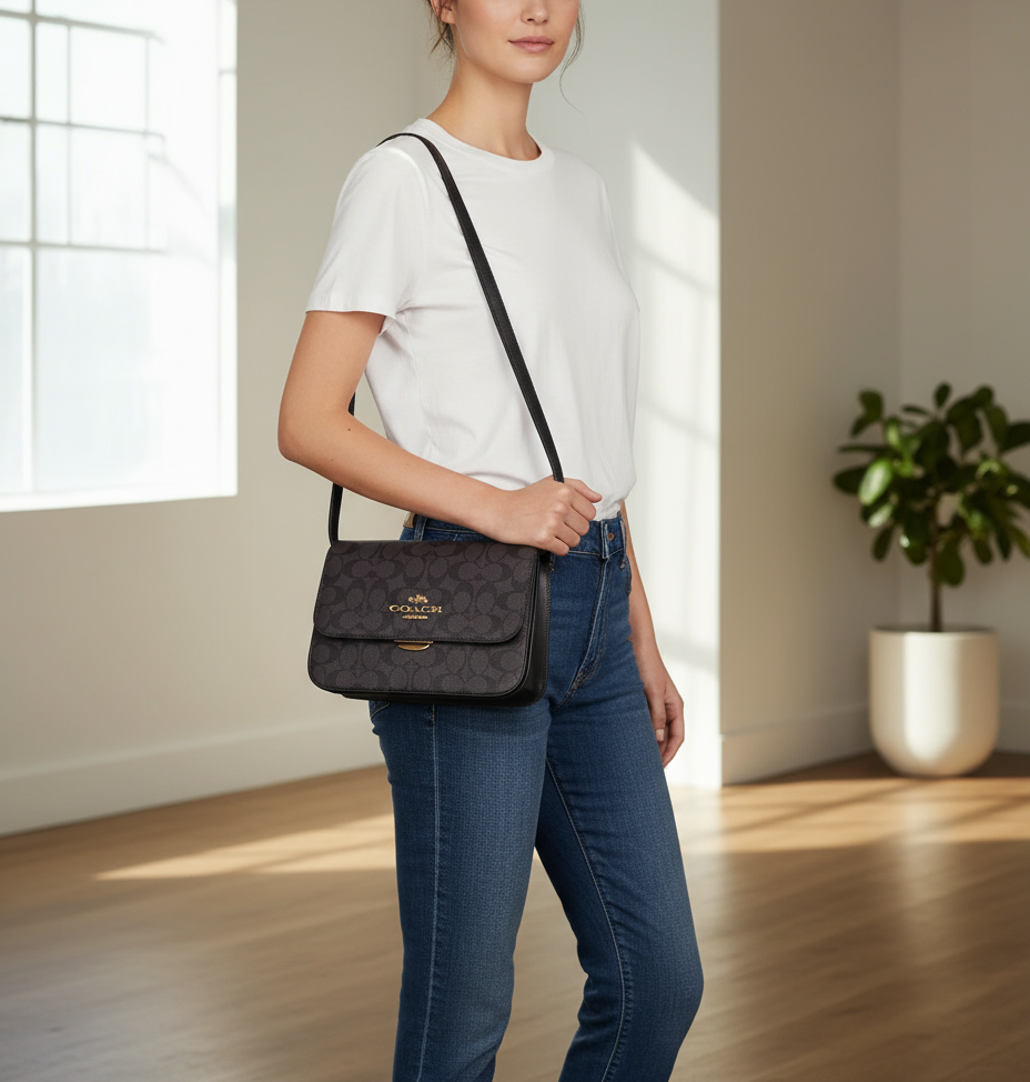 حقيبة كوتش برين فليب من قماش الكانفاس المميز باللونين البني والأسود