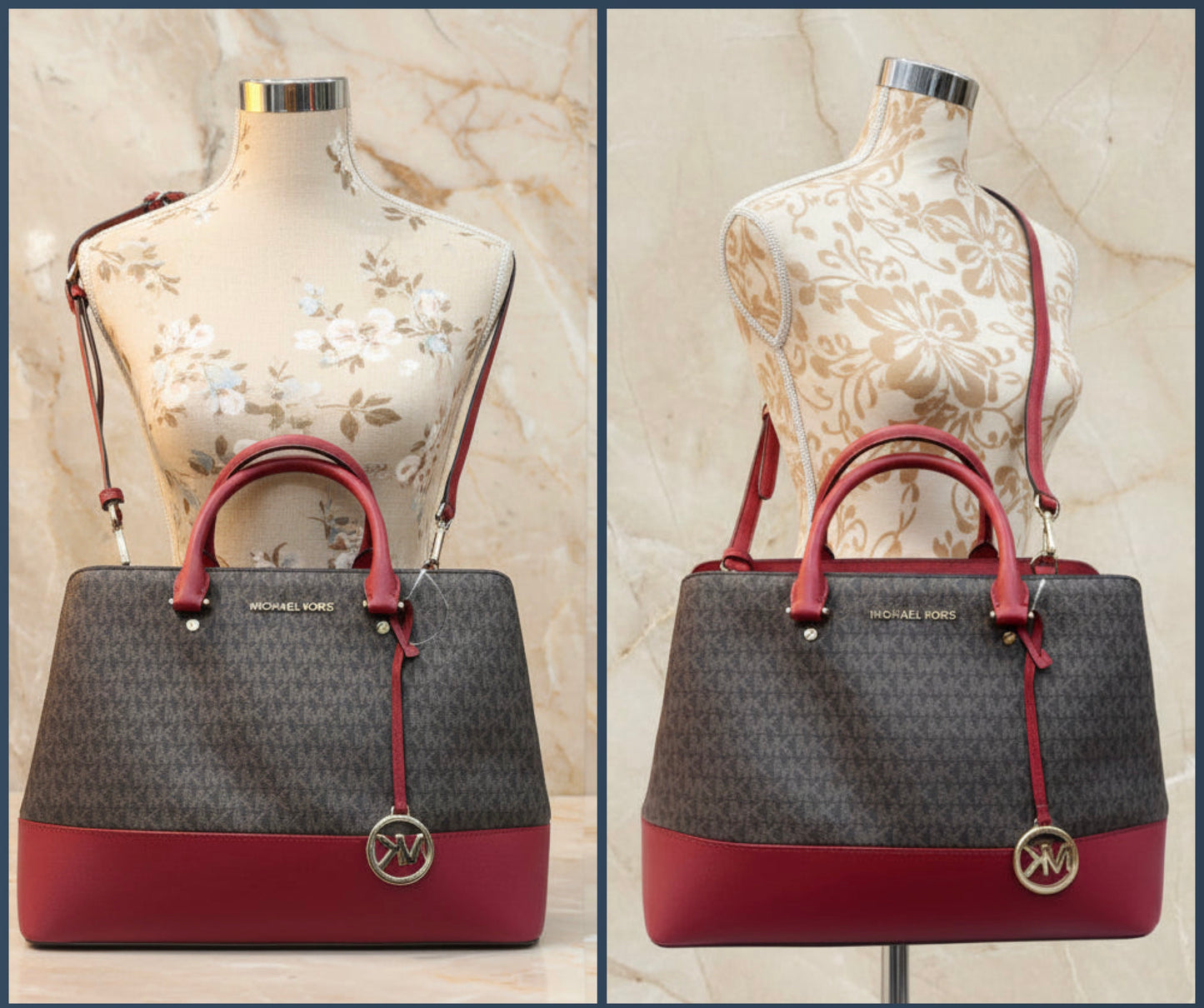 MICHAEL KORS SAVANNAH LARGE SATCHEL IN SIGNATURE BROWN/RED - SCARLET