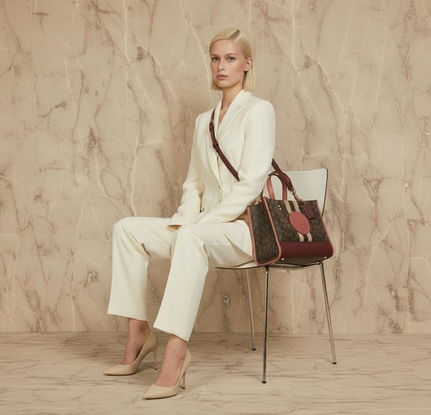 COACH DEMPSEY TOTE CARRYALL MEDIUM IN SIGNATURE JACQUARD CANVAS CENTER STRIPE STRAWBERRY HAZE