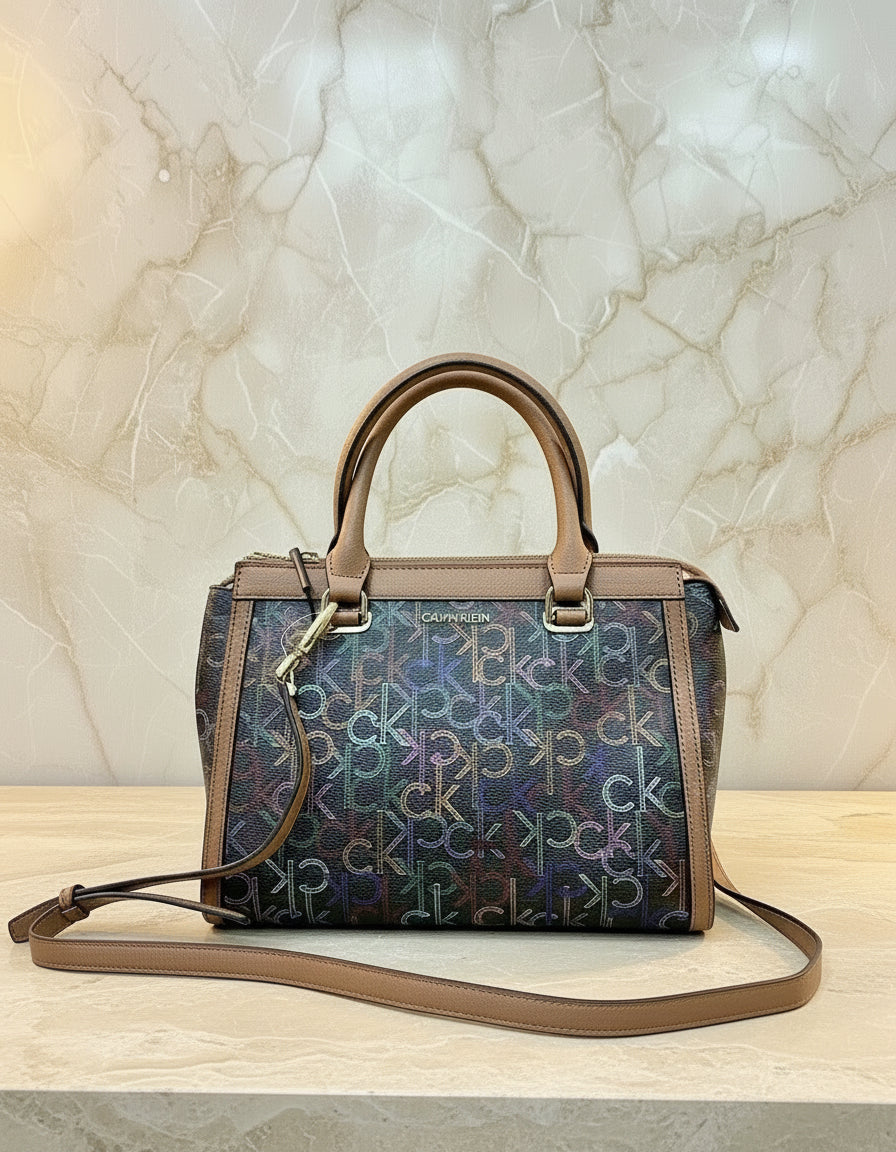CALVIN KLEIN BUNDLE BAG & LONG WALLET JANAE SATCHEL CROSSBODY BAG IN SIGNATURE BROWN