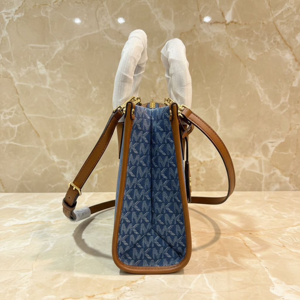 MICHAEL KORS MIRELLA SMALL SHOPPER TOP ZIP CROSSBODY BAG - DENIM MULTI LOGO