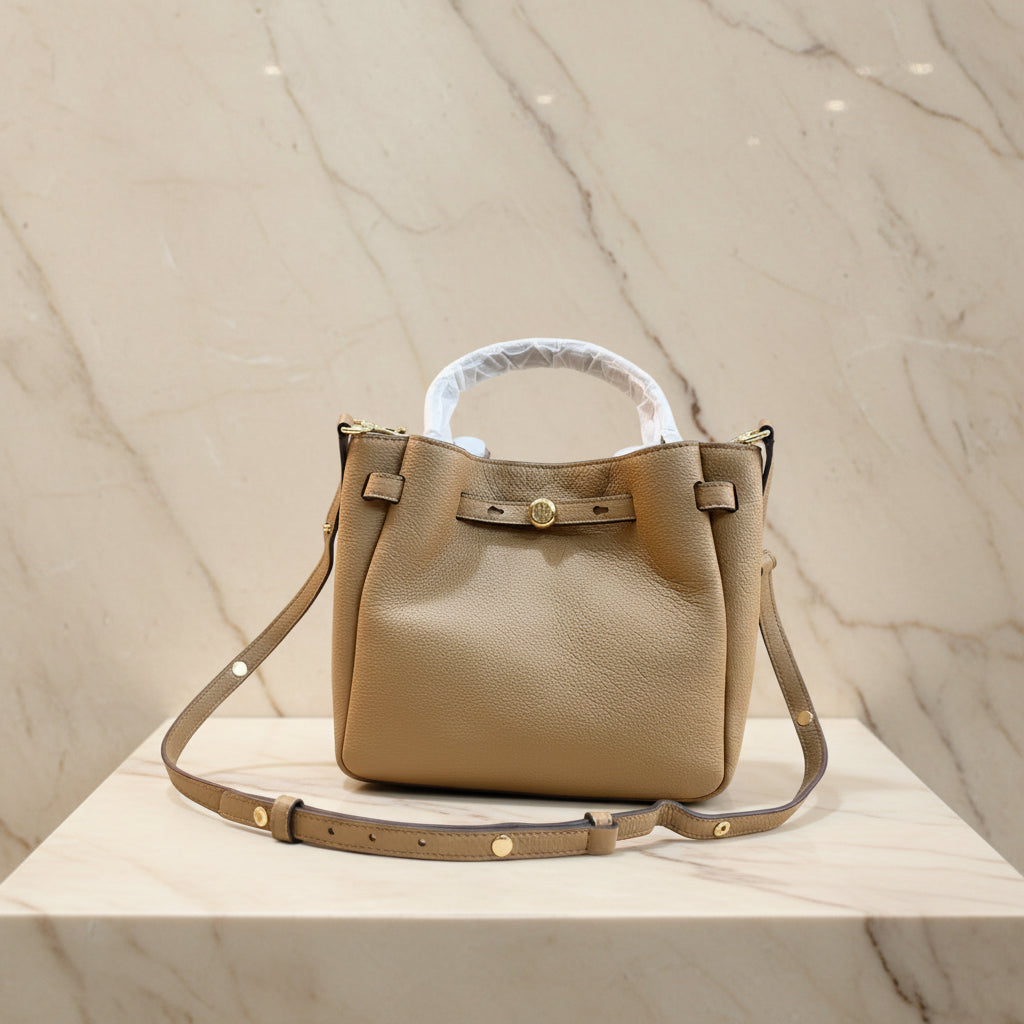 SALE!!! WITH CREASE IN FRONT DUE TO CARGO HANDLING - TORY BURCH SMALL ROMY BUCKET - BROWN