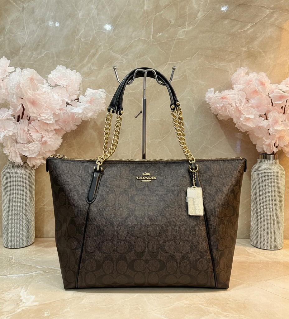 COACH AVA LARGE ZIP TOP TOTE IN SIGNATURE BLACK BROWN