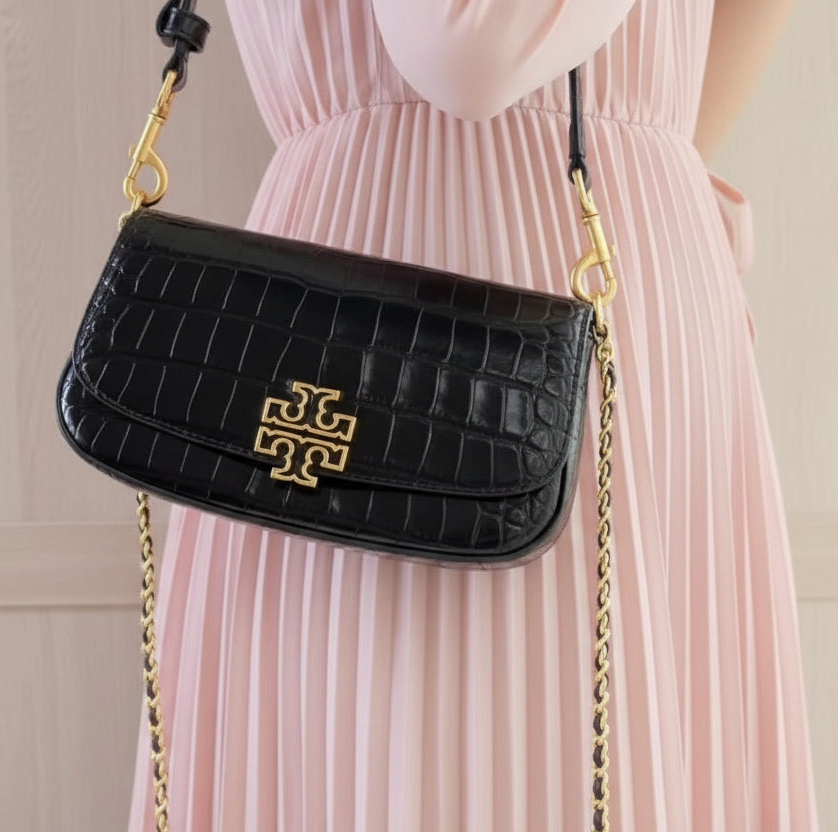 TORY BURCH EMBOSSED CROC BRITTEN CONVERTIBLE SHOULDER BAG/XBODY BAG - BLACK