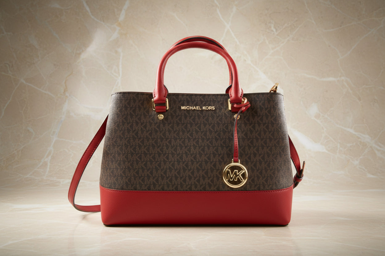 MICHAEL KORS SAVANNAH LARGE SATCHEL IN SIGNATURE BROWN/RED - SCARLET