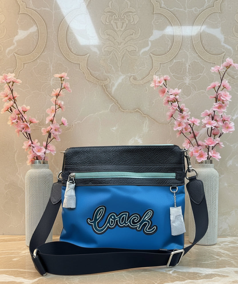 COACH VALE FILE CROSSBODY - NYLON/PEBBLE LEATHER CERULEAN MULTI COLOR