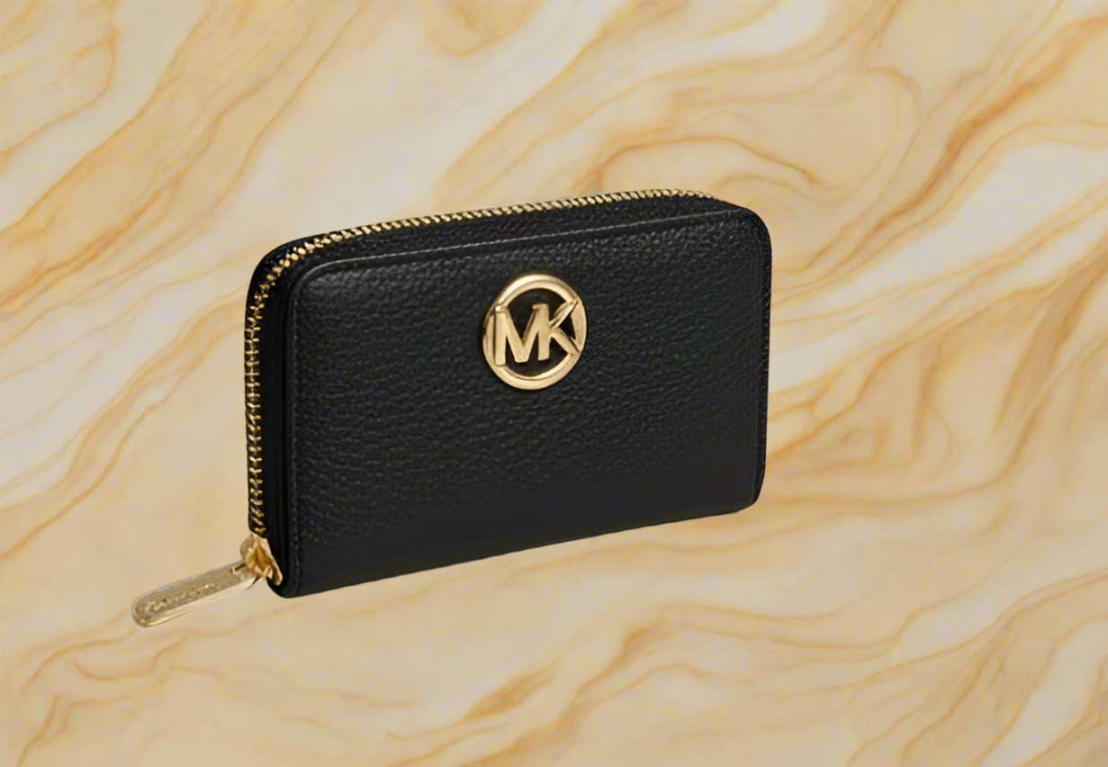 MICHAEL KORS FULTON LEATHER ZIP AROUND COIN PURSE - BLACK