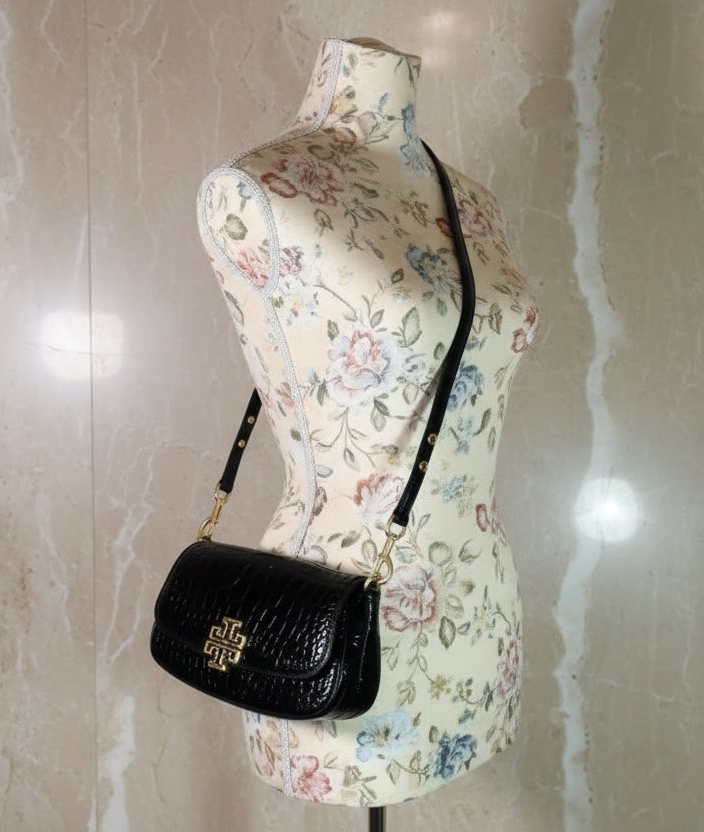 TORY BURCH EMBOSSED CROC BRITTEN CONVERTIBLE SHOULDER BAG/XBODY BAG - BLACK