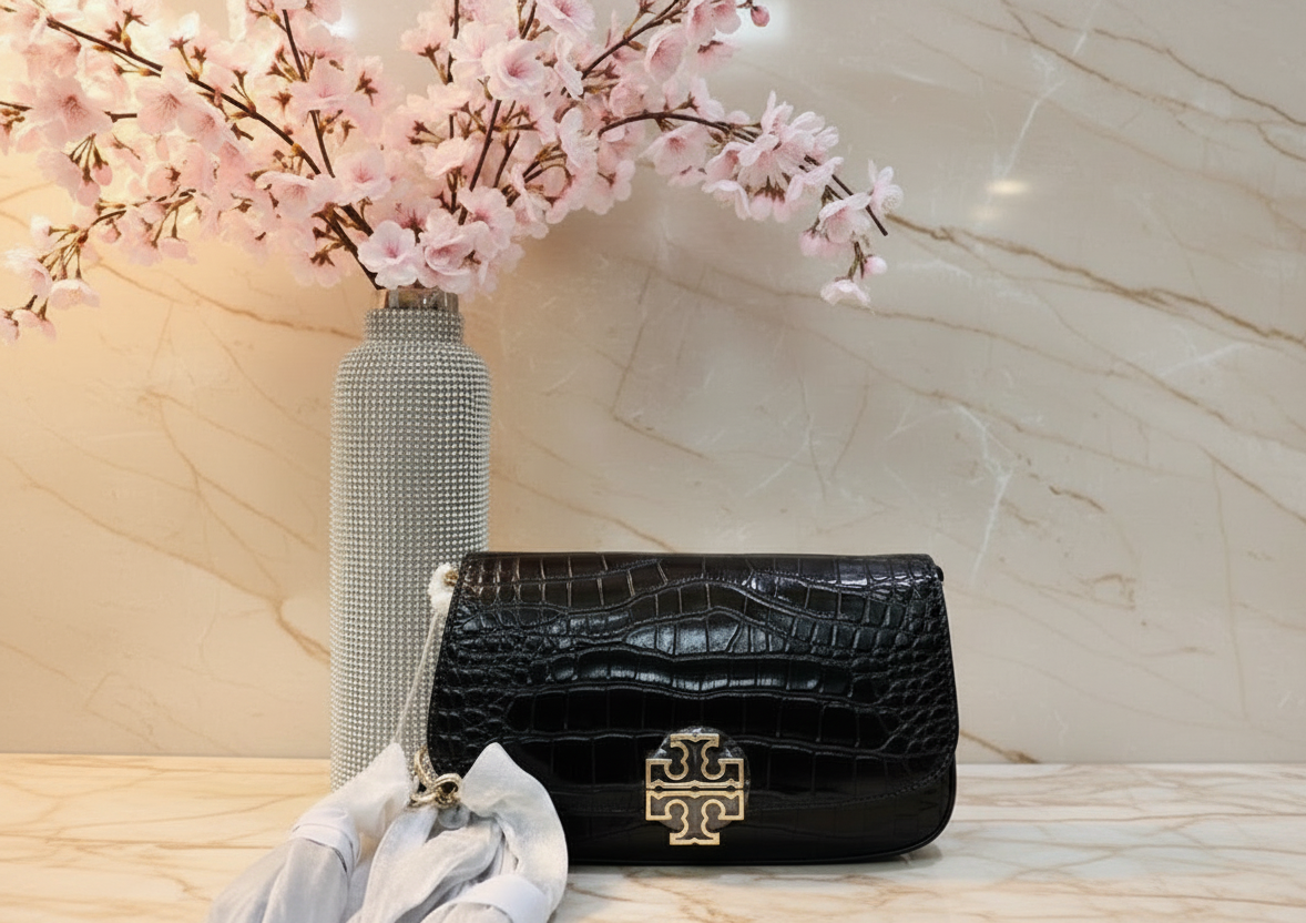 TORY BURCH EMBOSSED CROC BRITTEN CONVERTIBLE SHOULDER BAG/XBODY BAG - BLACK