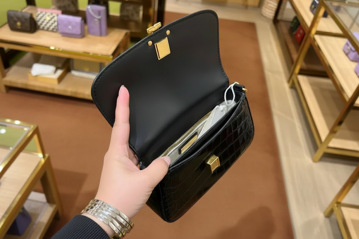 TORY BURCH EMBOSSED CROC BRITTEN CONVERTIBLE SHOULDER BAG/XBODY BAG - BLACK