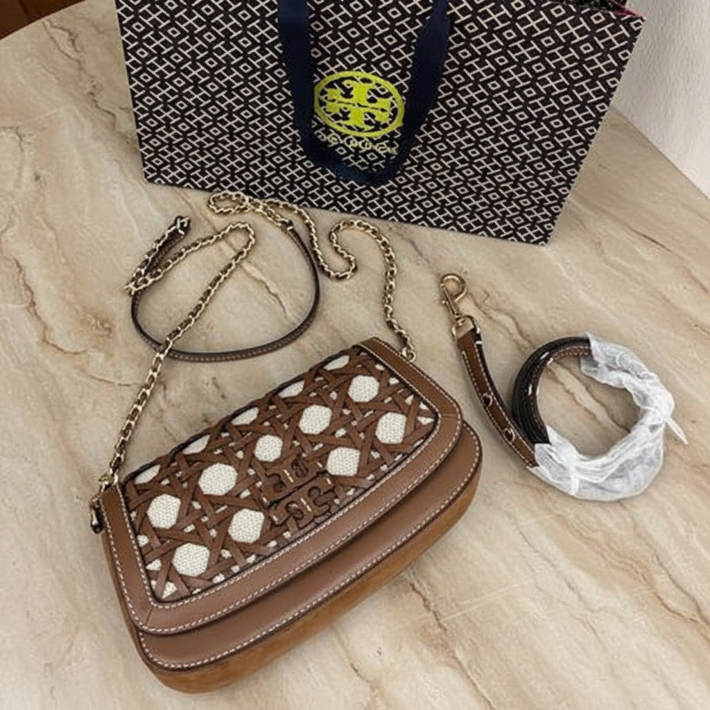 TORY BURCH BRITTEN  BASKET WEAVE CONVERTIBLE CRISSBODY/SHOULDER BAG - MOOSE COLOR
