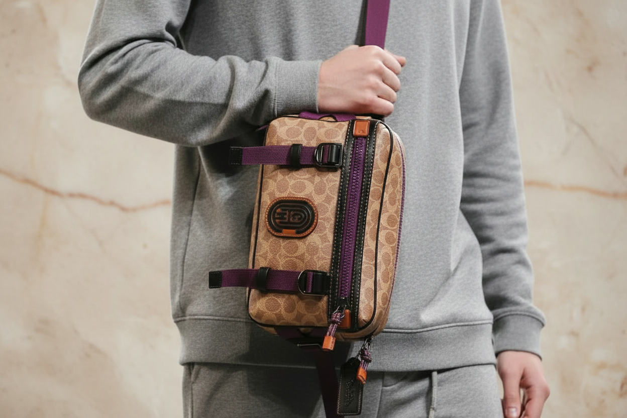 COACH LOGO PRINTED LIMITED EDITION WAISTPACK/BODY BAG IN SIGNATURE TAN CANVAS