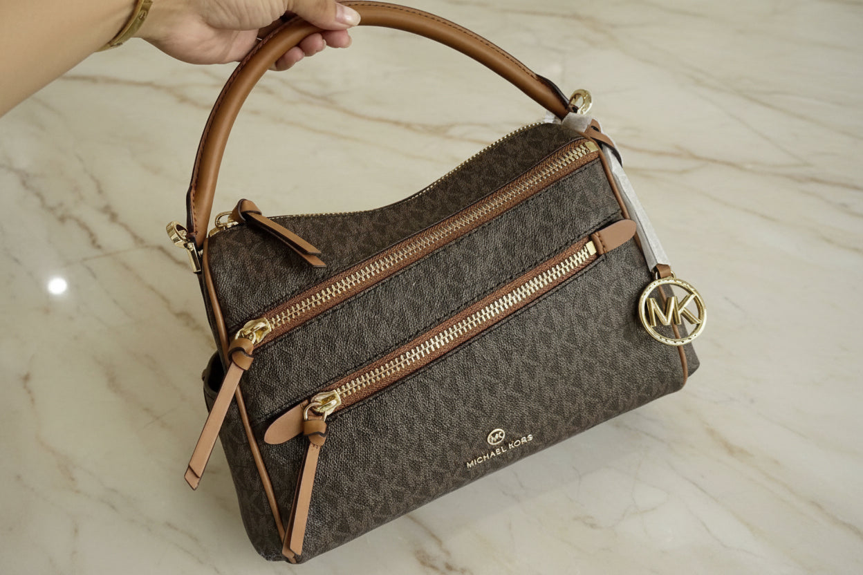 MICHAEL KORS LORIMER SATCHEL IN SIGNATURE BROWN ACORN - MEDIUM ( FROM BOUTIQUE STORE )