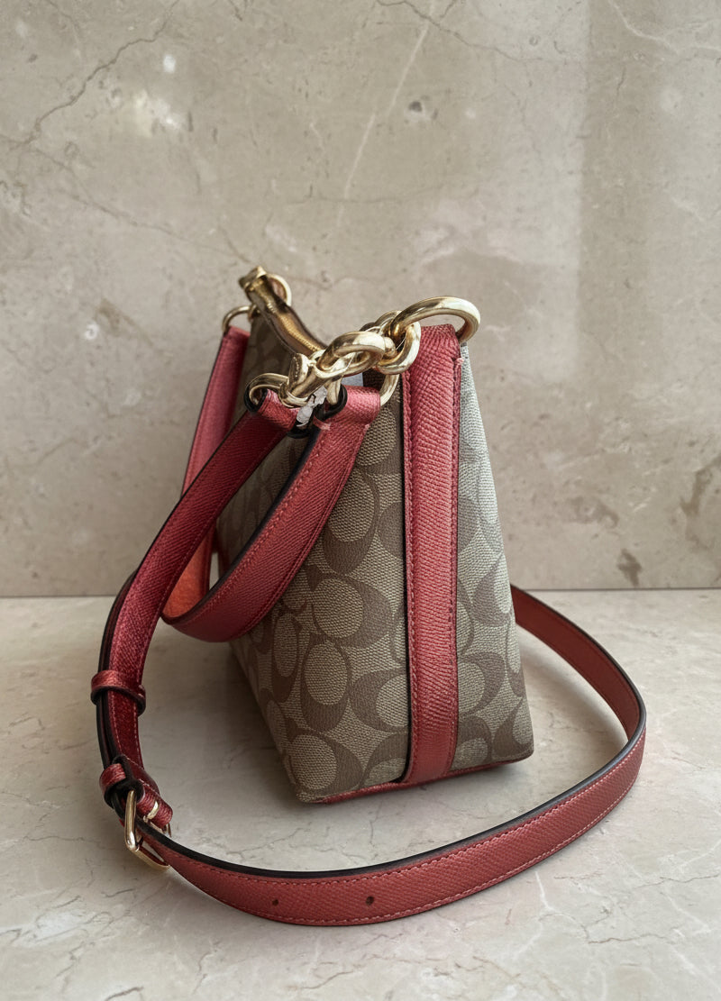 COACH BUNDLE LEWIS SHOULDER BAG/CROSSBODY BAG & ZIP AROUND WRISLET WALLET IN SIGNATURE CANVAS METTALIC CLAY LINING