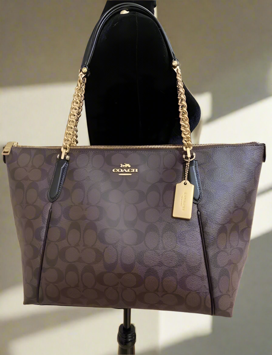 COACH AVA LARGE ZIP TOP TOTE IN SIGNATURE BLACK BROWN