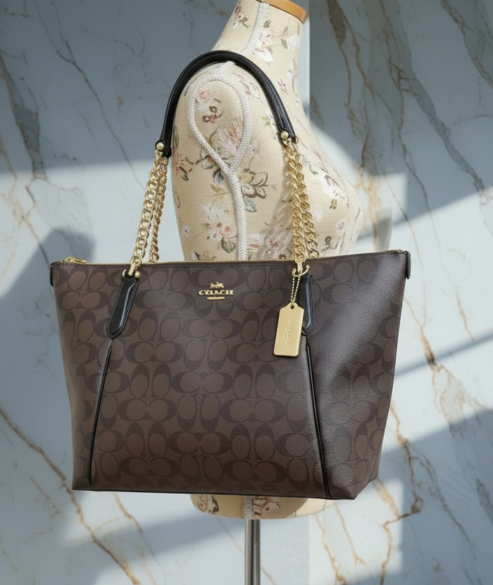 COACH AVA LARGE ZIP TOP TOTE IN SIGNATURE BLACK BROWN