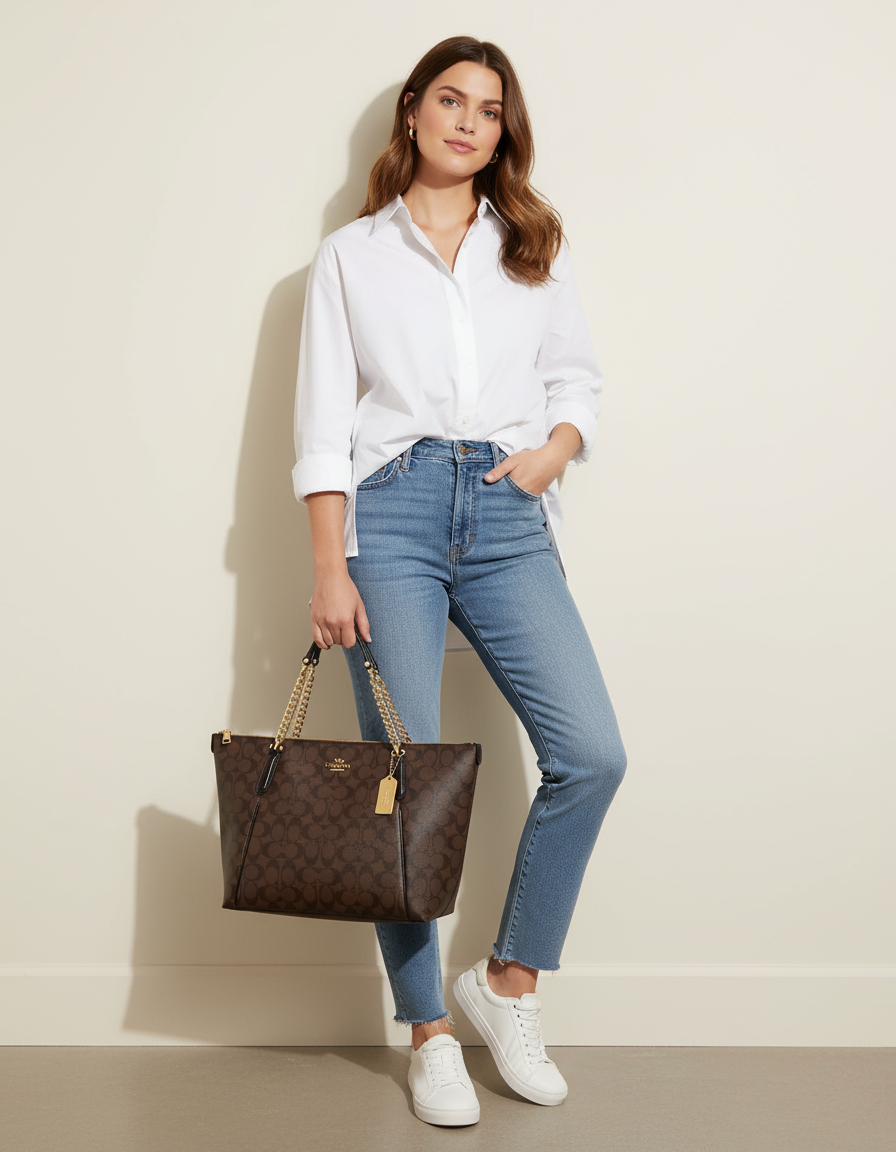 COACH AVA LARGE ZIP TOP TOTE IN SIGNATURE BLACK BROWN