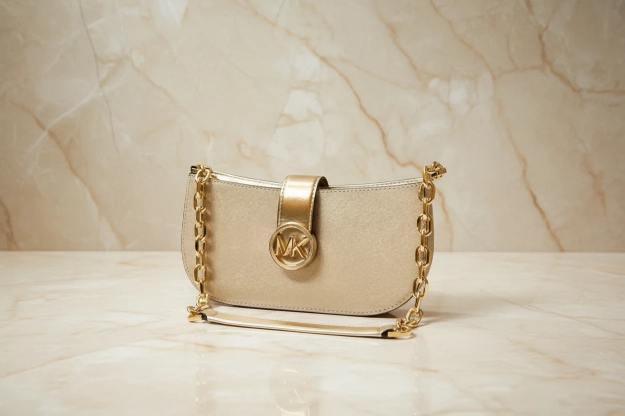MICHAEL KORS CARMEN POUCHETTE SHOULDER BAG ONLY - PALE GOLD