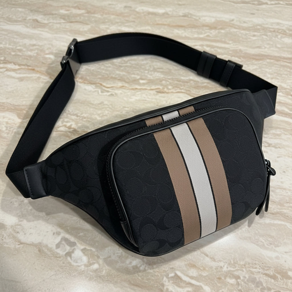 COACH THOMPSON JACQUARD WAISTPACK/BODY BAG WITH VARSITY STRIPE