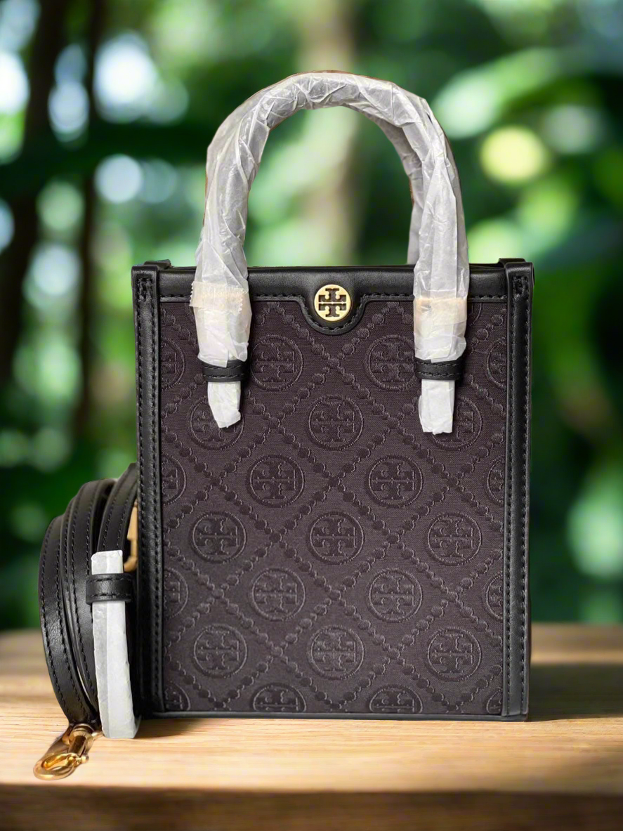 TORY BURCH MINI JACQUARD T MONOGRAM TOTE BLACK