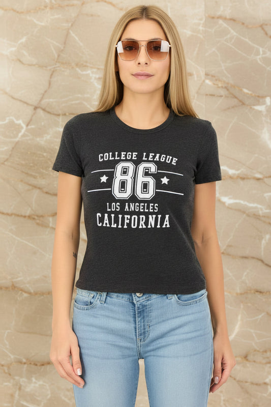 BRAVE SOUL - Women Crew Neck Short Sleeve Graphic Print T Shirt, Charcoal
