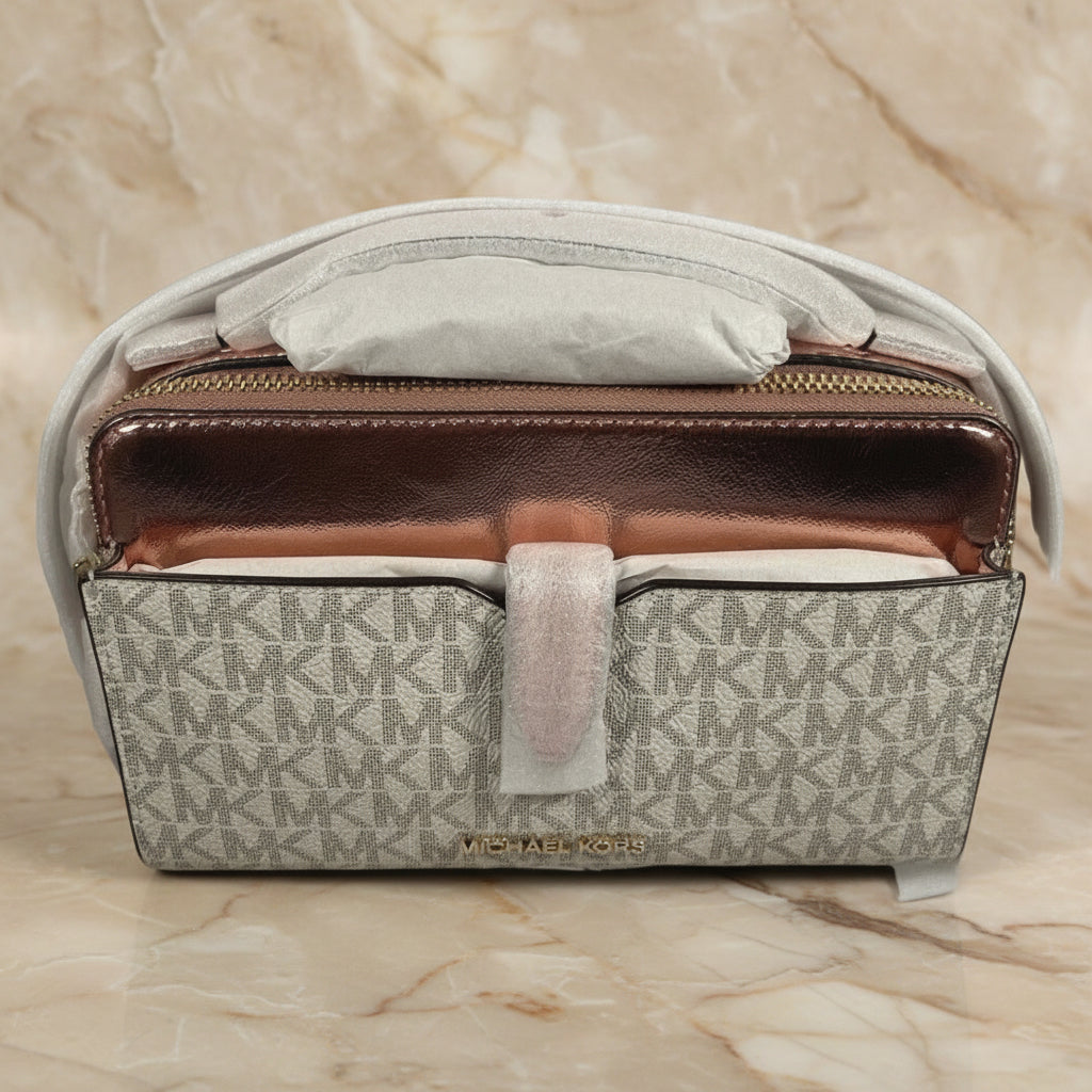MICHAEL KORS SIGNATURE JET SET METALLIC PRIMEROSE DOUBLE ZIP SMARTPHONE CROSSBODY BAG