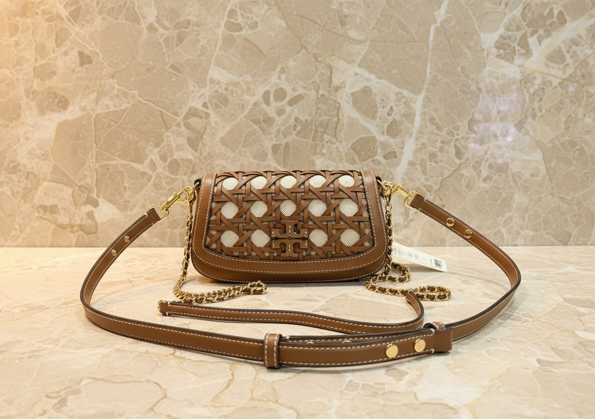 TORY BURCH BRITTEN  BASKET WEAVE CONVERTIBLE CRISSBODY/SHOULDER BAG - MOOSE COLOR
