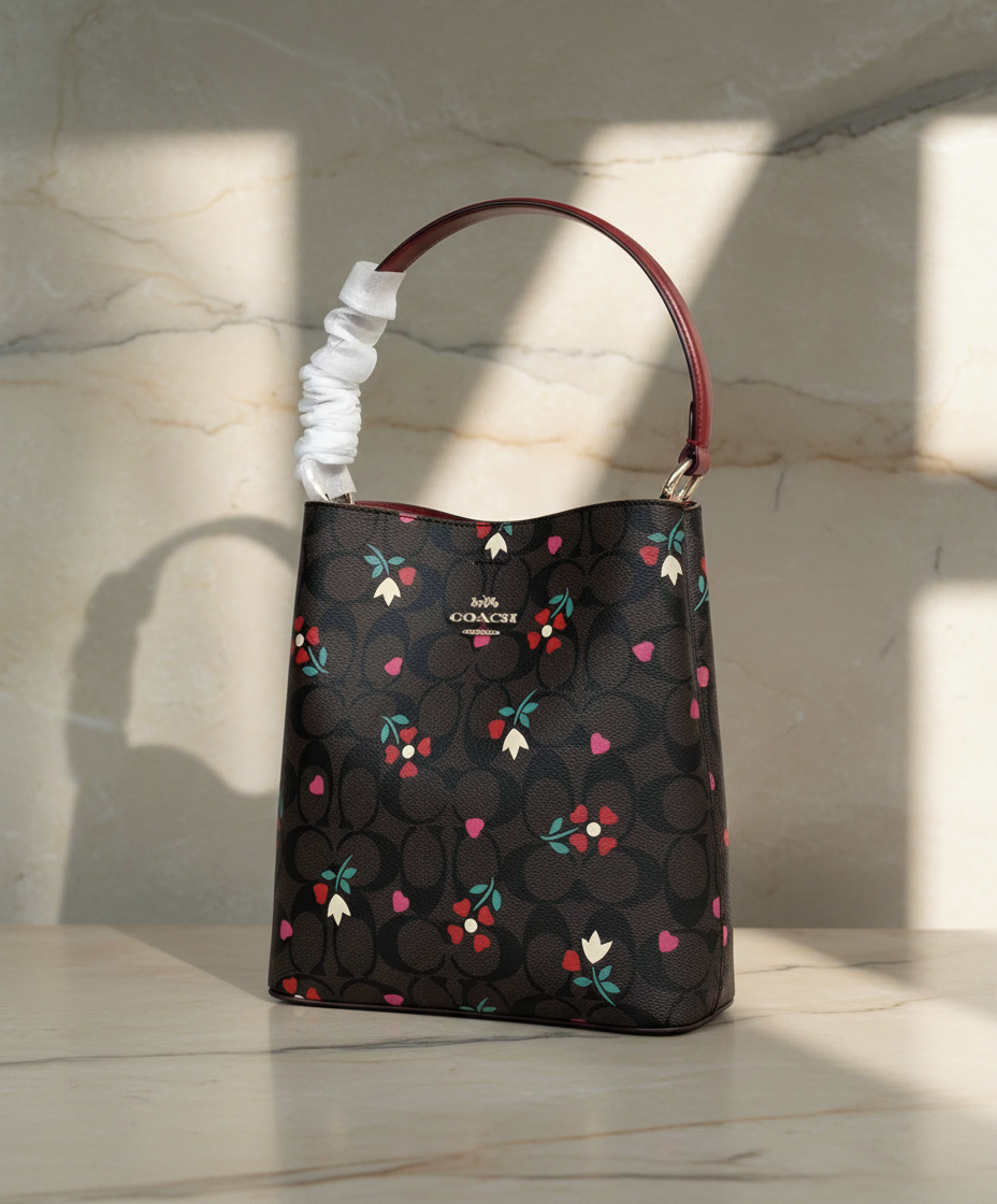 COACH SMALL TOWN BUCKET IN SIGNATURE CANVAS WITH HEART PETAL PRINT