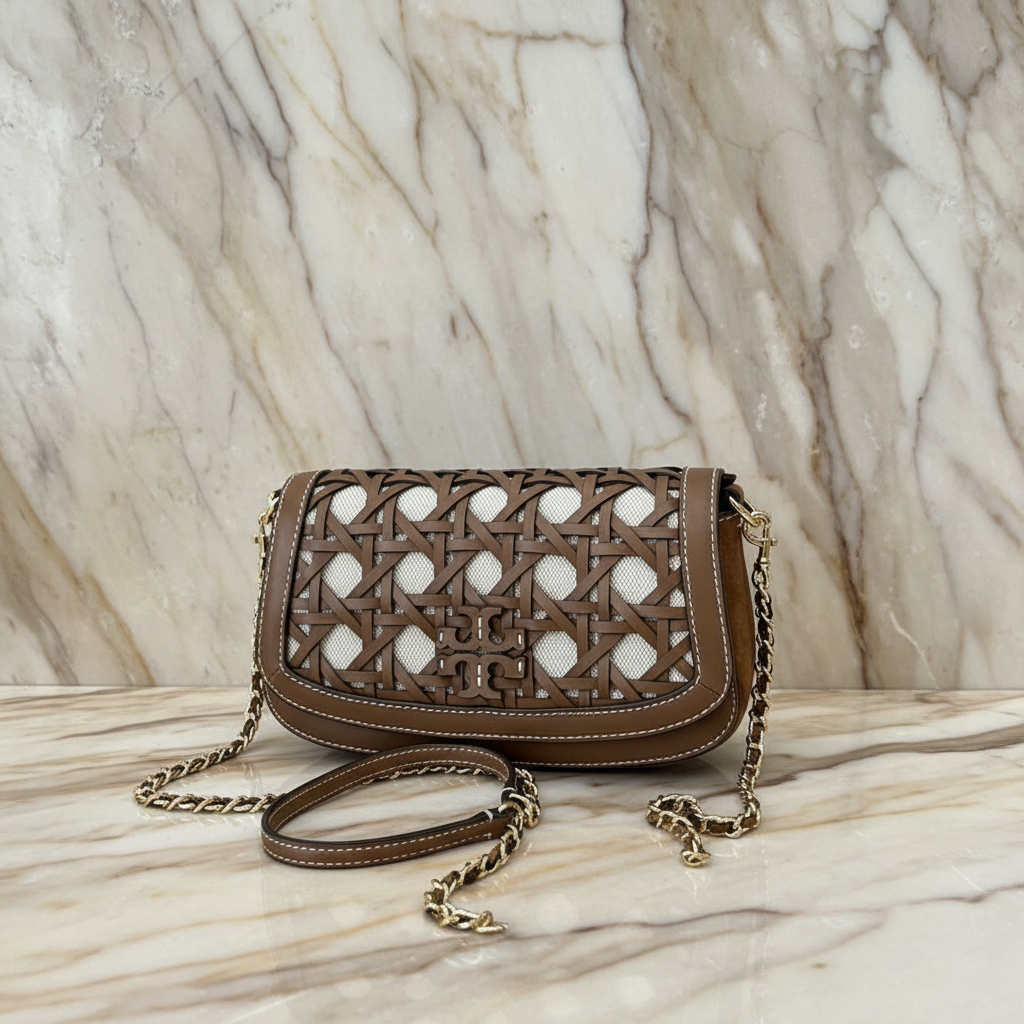 TORY BURCH BRITTEN  BASKET WEAVE CONVERTIBLE CRISSBODY/SHOULDER BAG - MOOSE COLOR