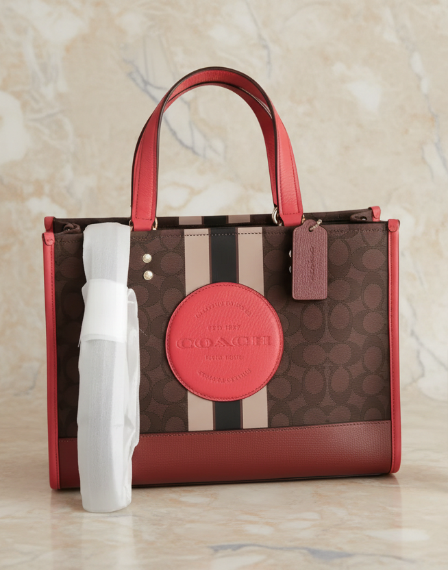 COACH DEMPSEY TOTE CARRYALL MEDIUM IN SIGNATURE JACQUARD CANVAS CENTER STRIPE STRAWBERRY HAZE