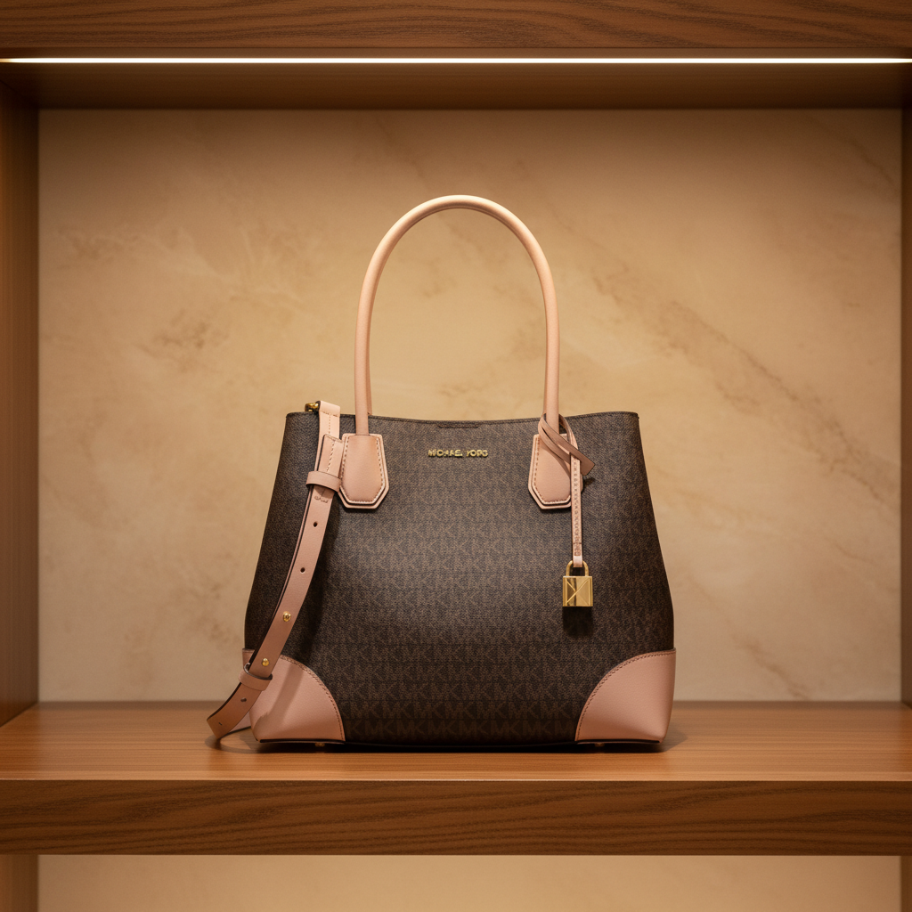 MICHAEL KORS MERCER GALLERY MEDIUM LOGO SATCHEL BAG - BROWN/SOFT PINK
