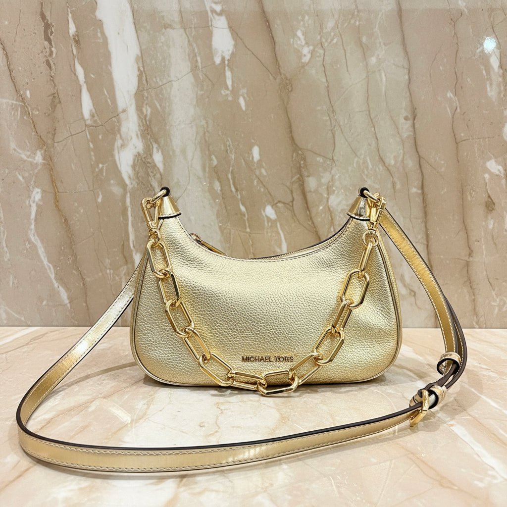 MICHAEL KORS MINI CORA CHAIN SHOULDER BAG/CROSBODY BAG - METTALIC PEBBLE GOLD
